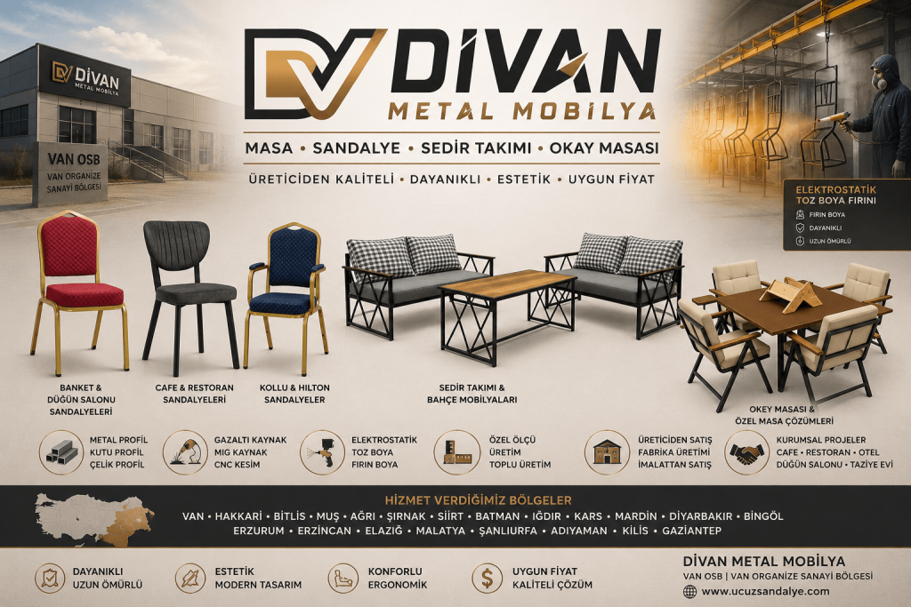 Divan Metal Mobilya tarafından üretilen Hilton sandalye, elma sandalye, kollu Hilton sandalye, sedir takımı, bahçe mobilyası ve okey masası modelleri. Van Organize Sanayi Bölgesi üretimi metal mobilyalar.