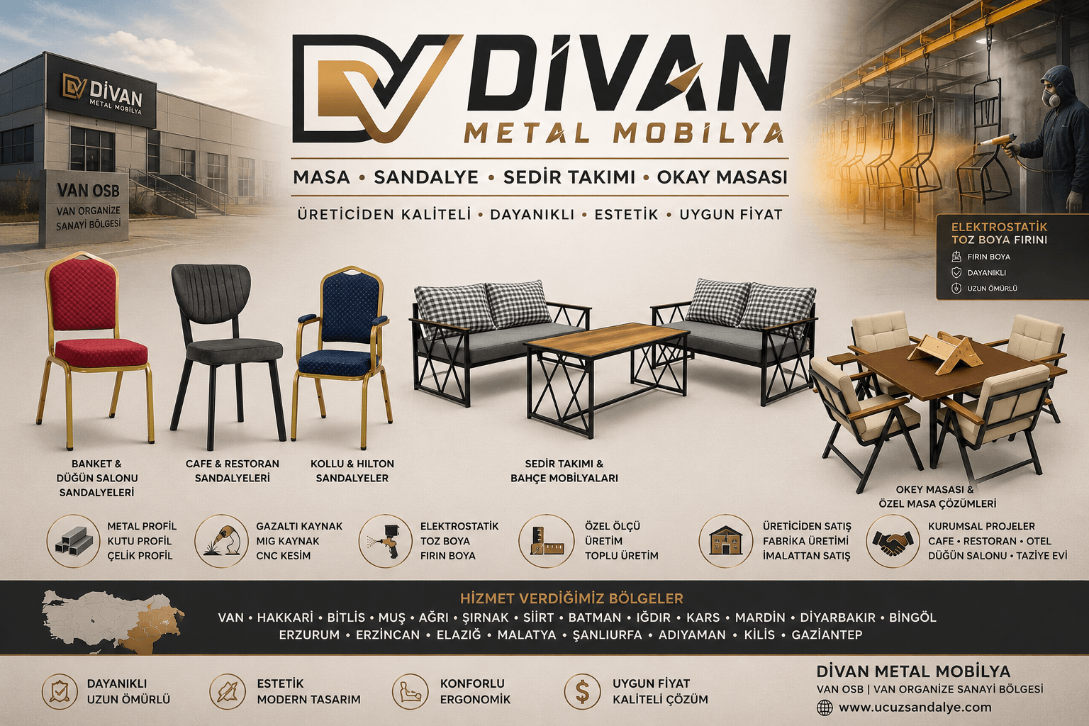 Divan Metal Mobilya tarafından üretilen Hilton sandalye, elma sandalye, kollu Hilton sandalye, sedir takımı, bahçe mobilyası ve okey masası modelleri. Van Organize Sanayi Bölgesi üretimi metal mobilyalar.